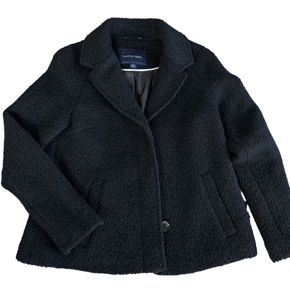 LANDS END Women's Black Lined Wool Blend Coat/Jacket Button Up Collared Size 6